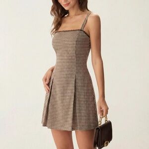 Rihoas Brown Plaid Ruched Slip Mini Dress